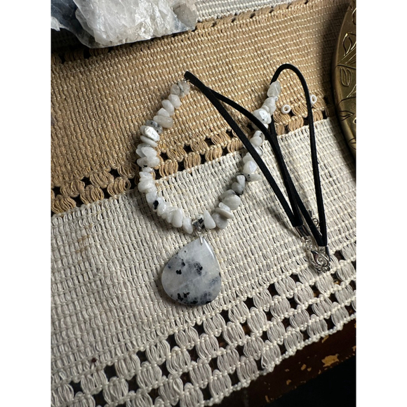 Rainbow Moonstone Chips and Teardrop Pendant Necklace on Black Faux Suede - Picture 7 of 9